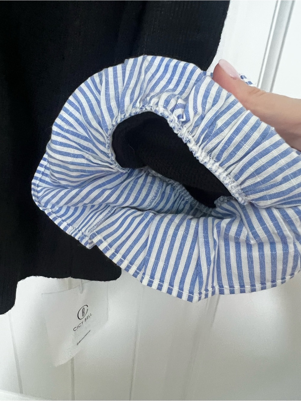 Cicy Bell Women's Black Sweater with Blue Striped Ruffle Trim - Picture 7 of 10